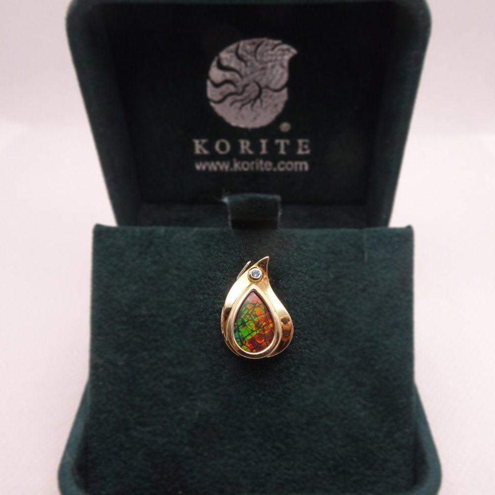 Solid 14k Yellow Gold, Ammolite and Blue Diamond Pendant